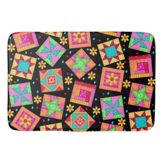 Colorful Quilt Art Patchwork Blokken zwart Badmat (Voorkant)