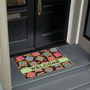Colorful Quilt Patchwork Blocks Black Welkom Deurmat