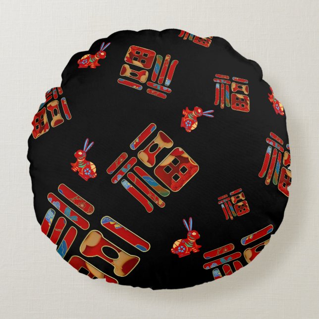Colorful Rabbits 福 Blessings Lunar Nieuwjaar Rond Kussen (Voorkant)