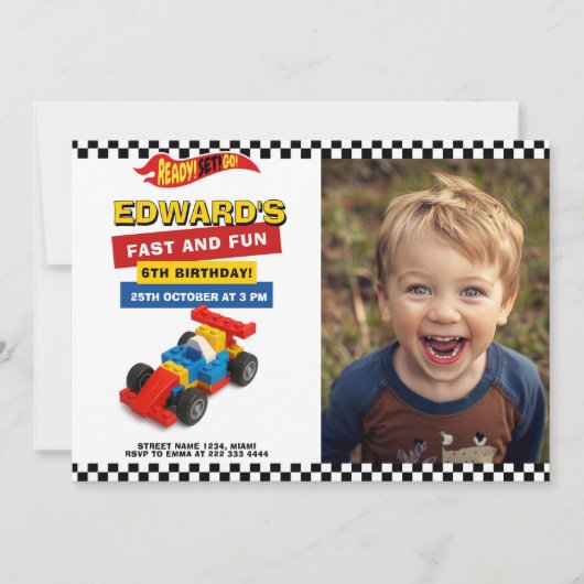 Colorful Race Car Kids Party Kaart (Voorkant)