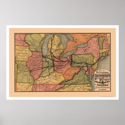 Colorful Railroad Map 1874 Poster (Voorkant)