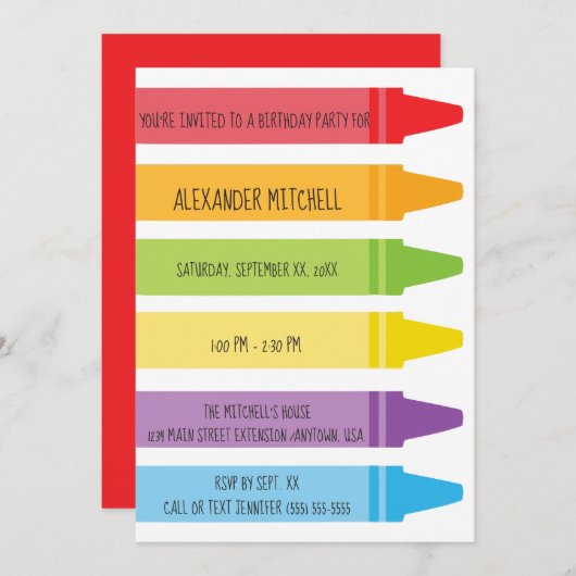 Colorful Rainbow Colour Crayons Birthday Party Kaart (Voorkant / Achterkant)