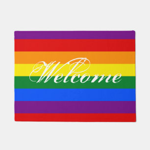 Colorful rainbow flag door mat with welcome text