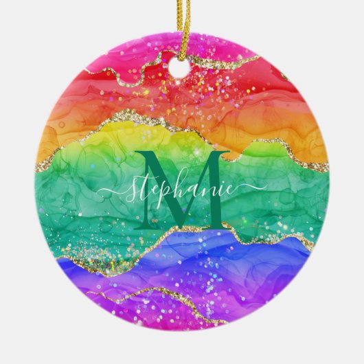 Colorful Rainbow Glitter Gold Agate Monogram Keramisch Ornament (Voorkant)