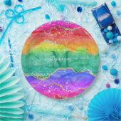 Colorful Rainbow Glitter Gold Agate Monogram Papieren Bordje (Feest)