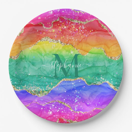 Colorful Rainbow Glitter Gold Agate Monogram Papieren Bordje (Voorkant)