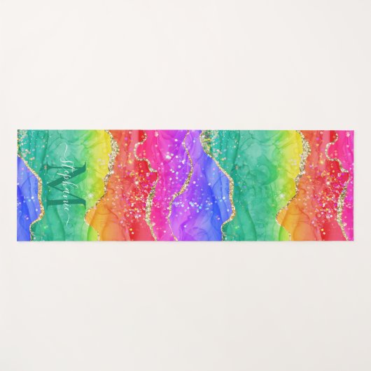 Colorful Rainbow Glitter Gold Agate Monogram Yogamat (Voorkant (horizontaal))