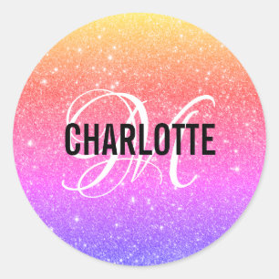 Colorful Rainbow Glitter Monogram Naam Ronde Sticker