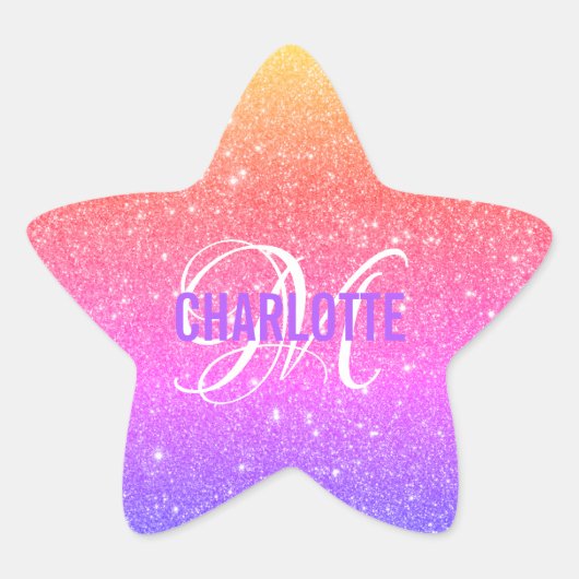 Colorful Rainbow Glitter Monogram Naam Ster Sticker (Voorkant)