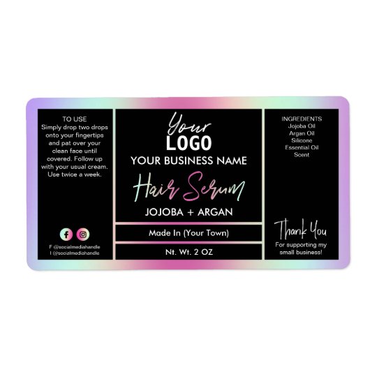 Colorful Rainbow Holographic Hair Serum Labels (Voorkant)