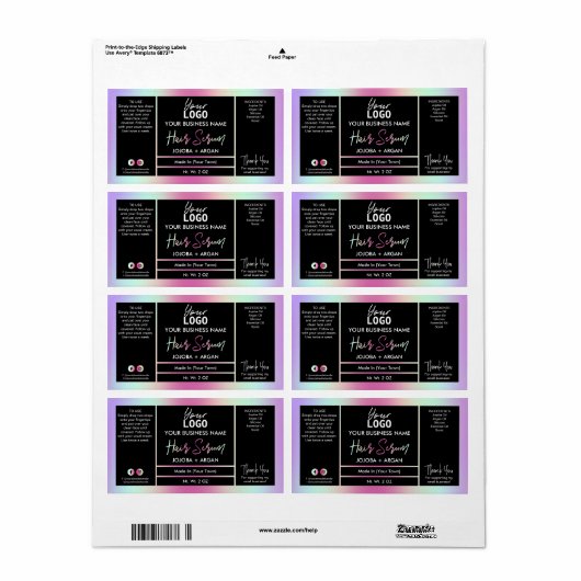 Colorful Rainbow Holographic Hair Serum Labels (Full Sheet)