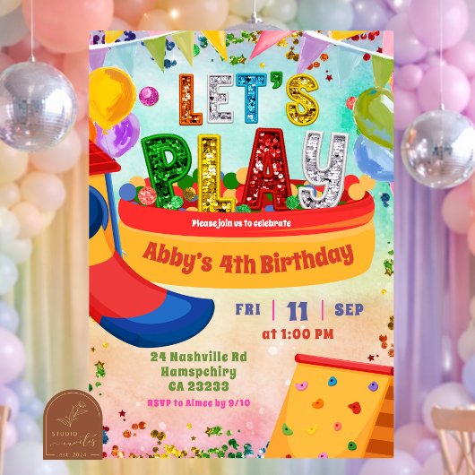 colorful rainbow indoor playground kid's birthday kaart