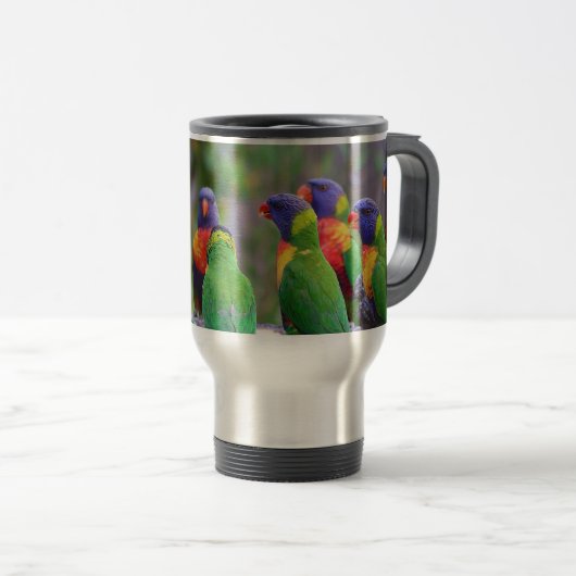 Colorful Rainbow Loriket Parrots Eating Reisbeker (Voorkant rechts)