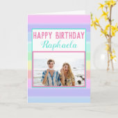 Colorful Rainbow Stripes Foto Happy Birthday Kaart (Gele Bloem)