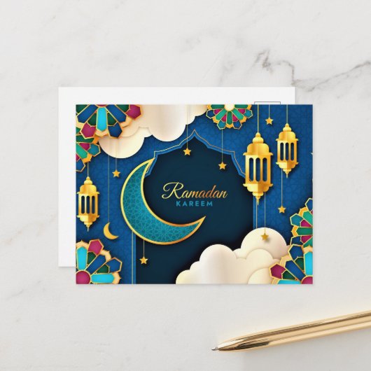 Colorful Ramadan Kareem Gold Crescent Briefkaart (Voorkant / Achterkant in situ)