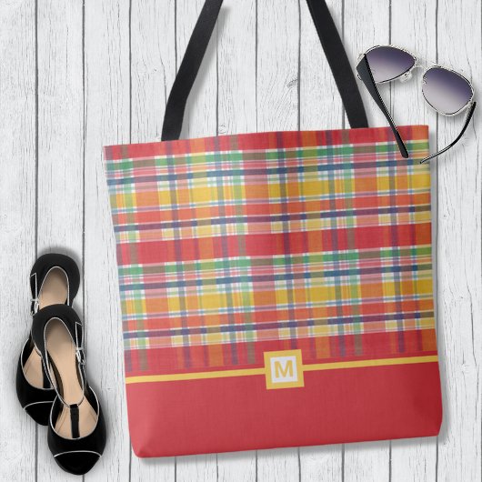 Colorful Red Madras Pset Monogram Tote Bag