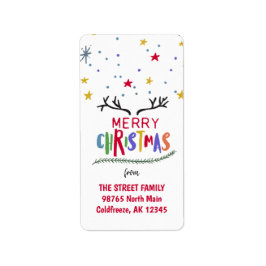 Colorful Reindeer Antler en Stars Merry Kerstmis Etiket