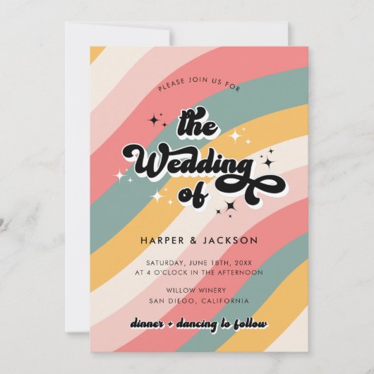 Colorful Retro 70s QR Code Wedding Kaart (Voorkant)