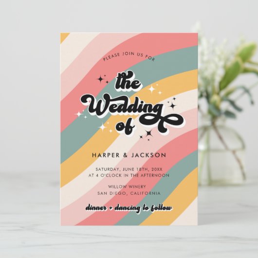 Colorful Retro 70s QR Code Wedding Kaart (Staand voorkant)