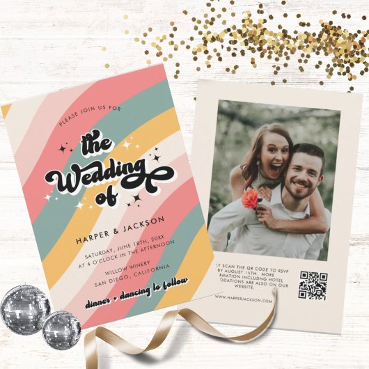Colorful Retro 70s QR Code Wedding Kaart