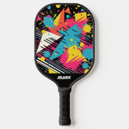 Colorful Retro 80's Splatter Pattern Monogram Name Pickleball Paddle