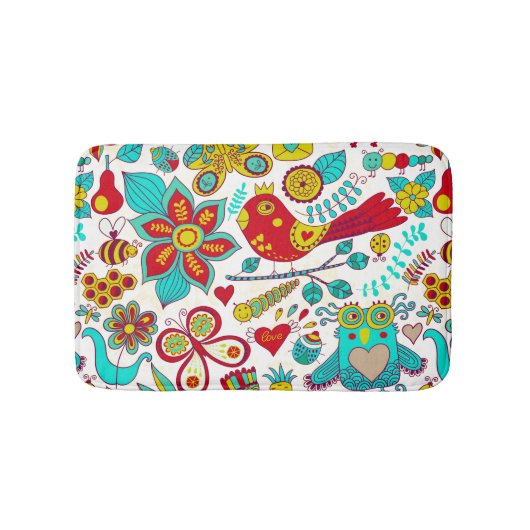 Colorful Retro Birds Flowers & Bunny Rabbit Badmat (Voorkant)