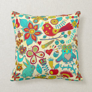 Colorful Retro Birds Flowers & Bunny Rabbit Kussen