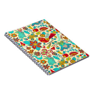 Colorful Retro Birds Flowers & Bunny Rabbit Notitieboek