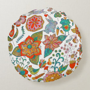 Colorful Retro Birds Flowers & Bunny Rabbit Rond Kussen