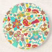 Colorful Retro Birds Flowers & Bunny Rabbit Zandsteen Onderzetter (Voorkant)