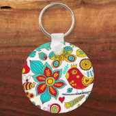 Colorful Retro Birds Flowers Patroon Sleutelhanger (Voorkant)