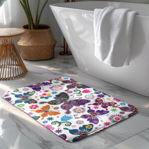Colorful Retro Butterflies & Flowers Patroon Badmat