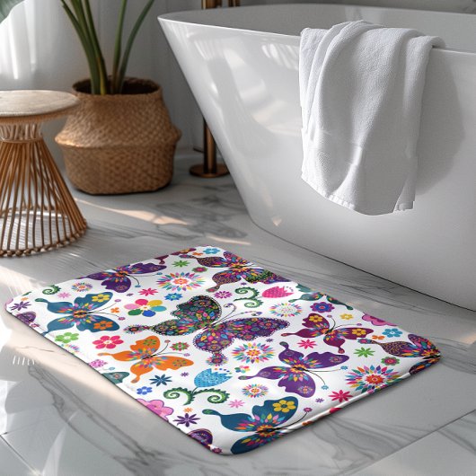 Colorful Retro Butterflies & Flowers Patroon Badmat