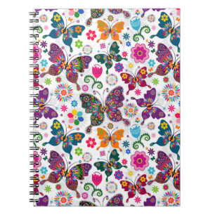 Colorful Retro Butterfly's and Flowers Pattern Notitieboek