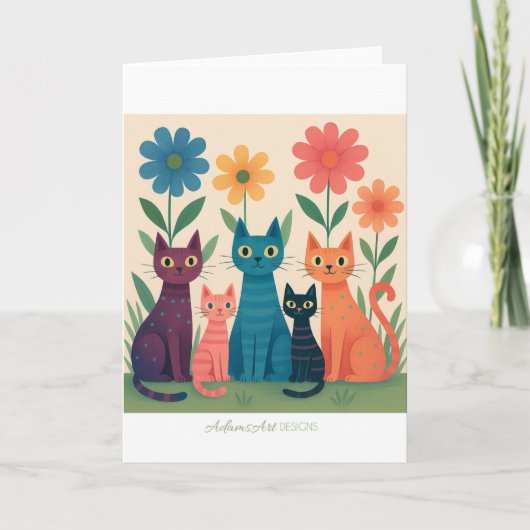 Colorful Retro Cats in Flower Garden – Whimsical Kaart (Voorkant)