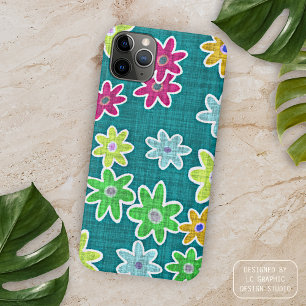 Colorful Retro Chic Faux Floral Textile Pattern iPhone 15 Pro Max Hoesje