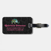 Colorful Retro Floral Elephant Black Dammaskers Bagagelabel (Achterkant horizontaal)