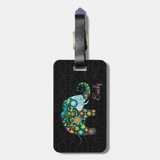 Colorful Retro Floral Elephant Black Dammaskers Bagagelabel (Achterkant verticaal)