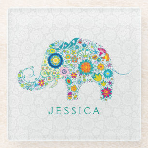 Colorful Retro Floral Elephant Illustratie Glazen Onderzetter