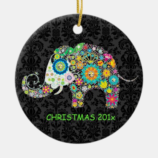 Colorful Retro Floral Elephant Illustratie Keramisch Ornament (Voorkant)