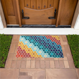 Colorful Retro Floral Mosaic Hexagon Pattern Deurmat