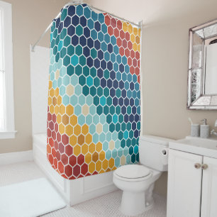 Colorful Retro Floral Mosaic Hexagon Pattern Douchegordijn