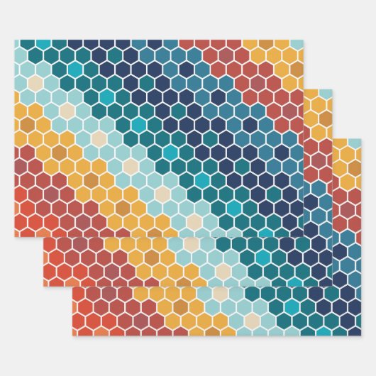 Colorful Retro Floral Mosaic Hexagon Pattern Inpakpapier Vel (Set)