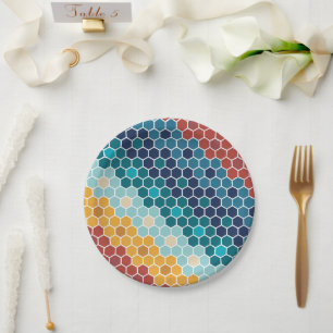 Colorful Retro Floral Mosaic Hexagon Pattern Papieren Bordje