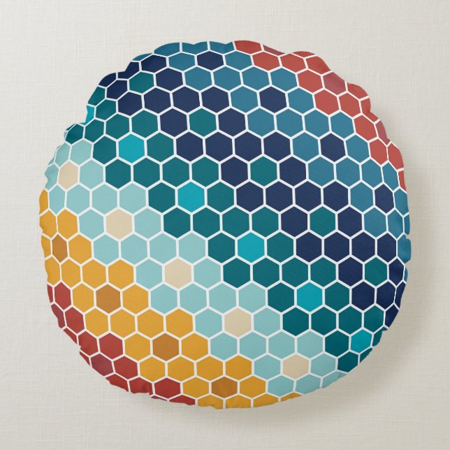 Colorful Retro Floral Mosaic Hexagon Pattern Rond Kussen (Voorkant)