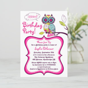 Colorful Retro Floral Owl Kids Birthday Party Kaart