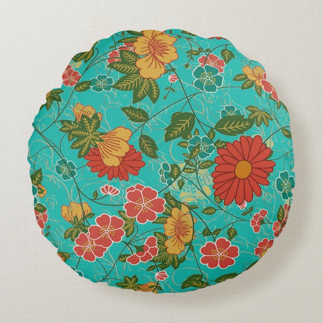 Colorful Retro Floral Pattern Rond Kussen (Voorkant)
