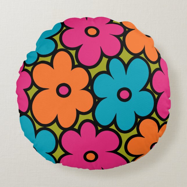 Colorful Retro Floral Pattern Rond Kussen (Voorkant)