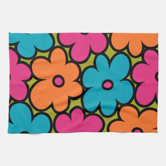 Colorful Retro Floral Pattern Theedoek (Horizontaal)