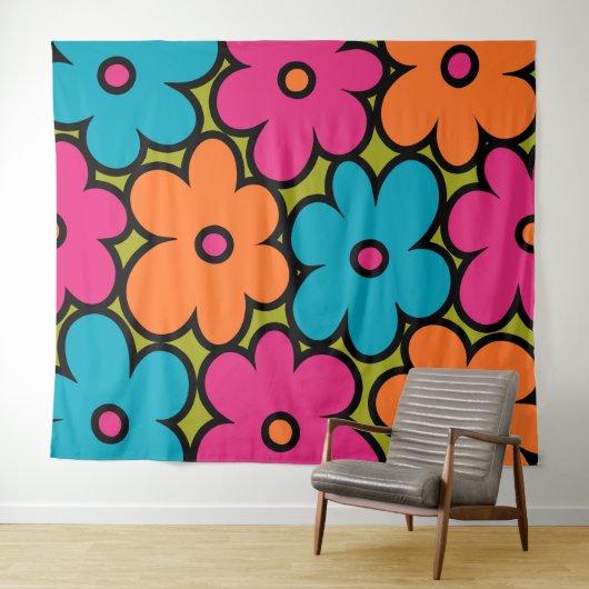 Colorful Retro Floral Pattern Wandkleed (In Situ (horizontaal))